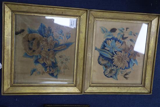 A pair of Regency silkwork panels depicting flowers in an urn and a strawberry plant, 11.5 x 13.25in.